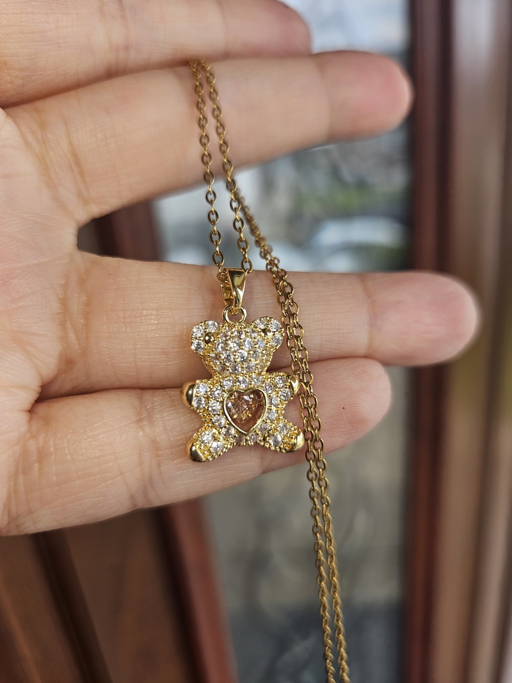 Gold Plated Teddy Bear Pendant Necklace with Heart Accent